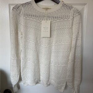 Sezane White Blouse with Delicate Knit Pattern and High Neck